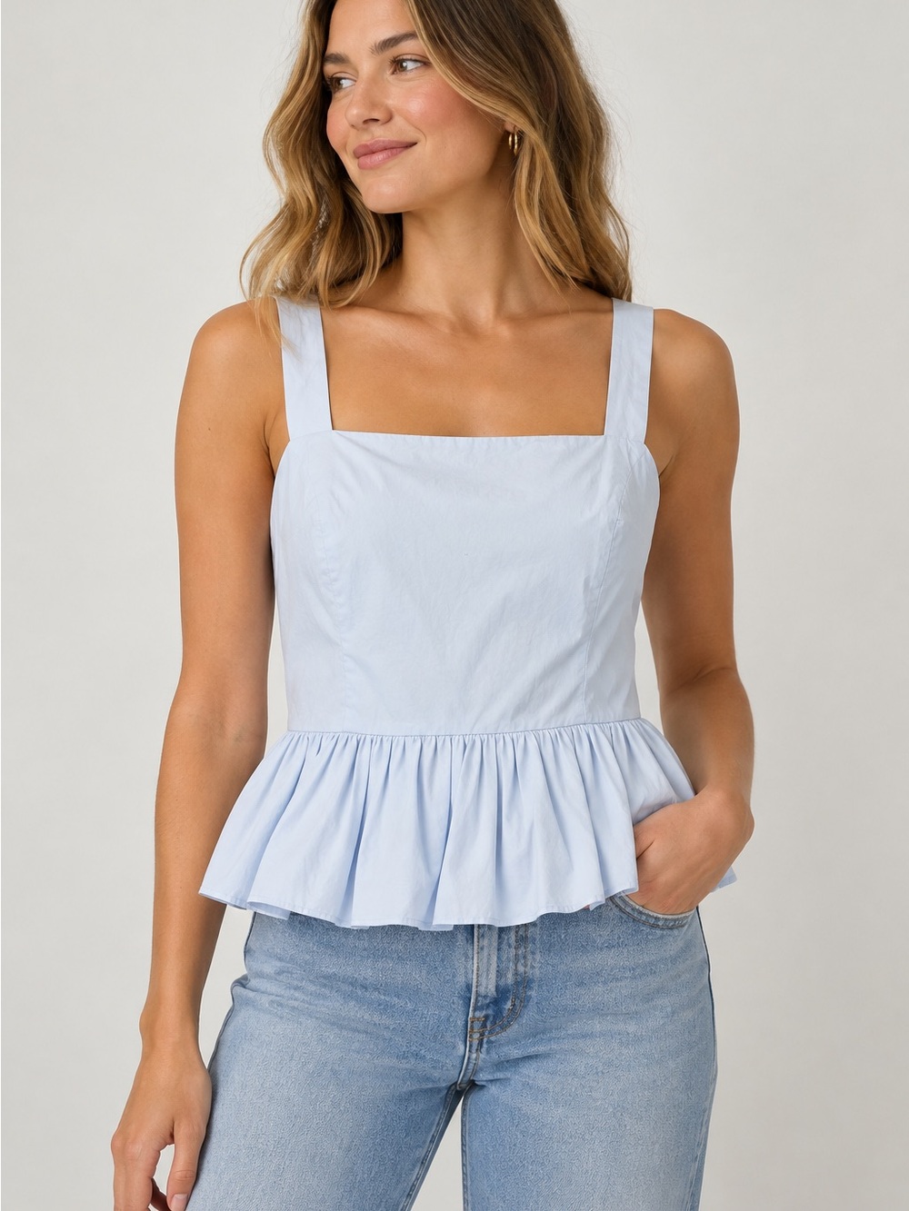English Factory Blue Square Neck Peplum Ruffle Tank Top L